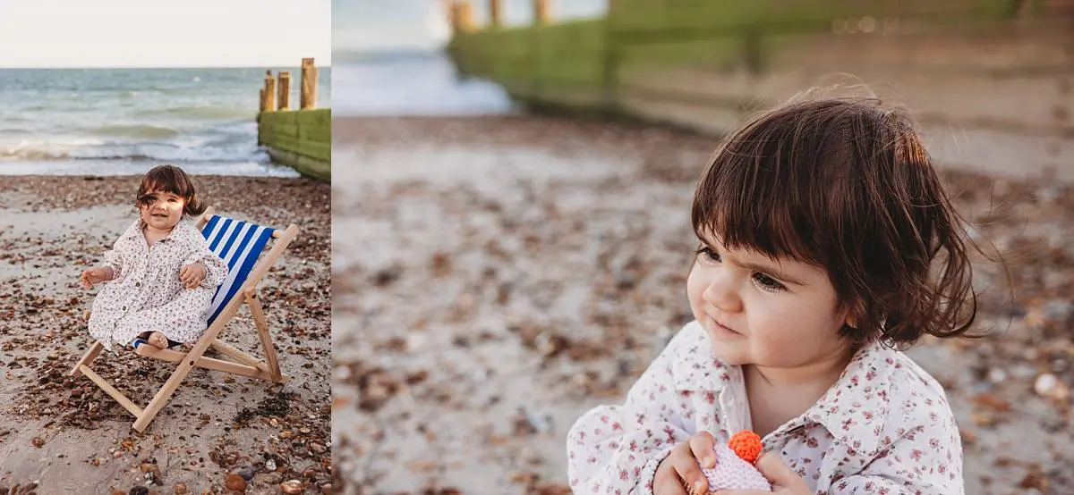 Family enjoying a sunset beach photo shoot on Hayling Island with their two dogs and one-year-old daughter