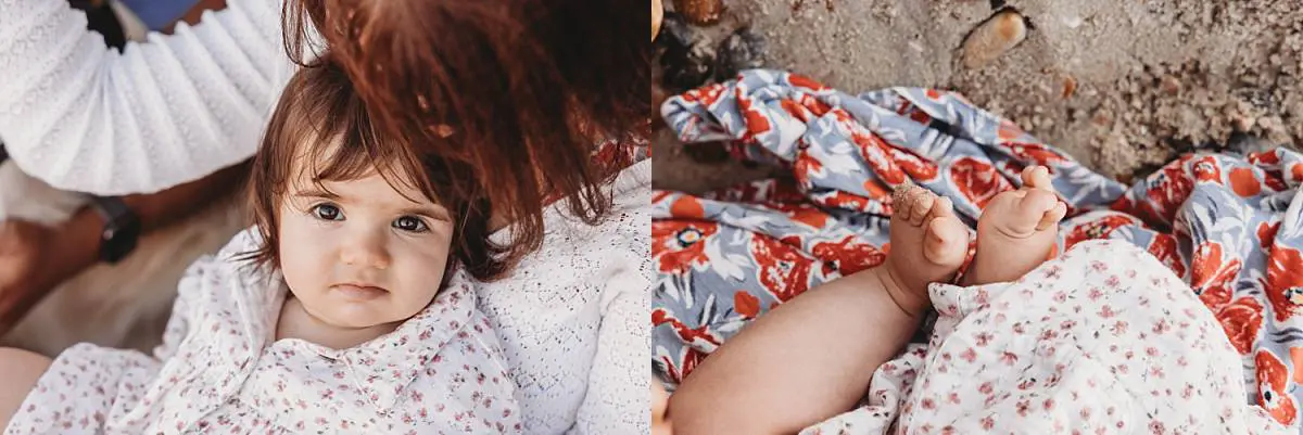 Family enjoying a sunset beach photo shoot on Hayling Island with their two dogs and one-year-old daughter