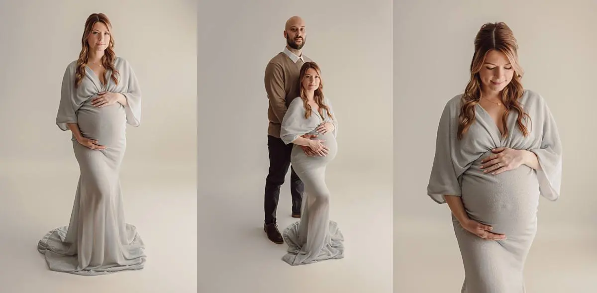 Elegant studio maternity portrait of an expecting mother in a fitted gown, softly lit against a dark background by Ania Photo