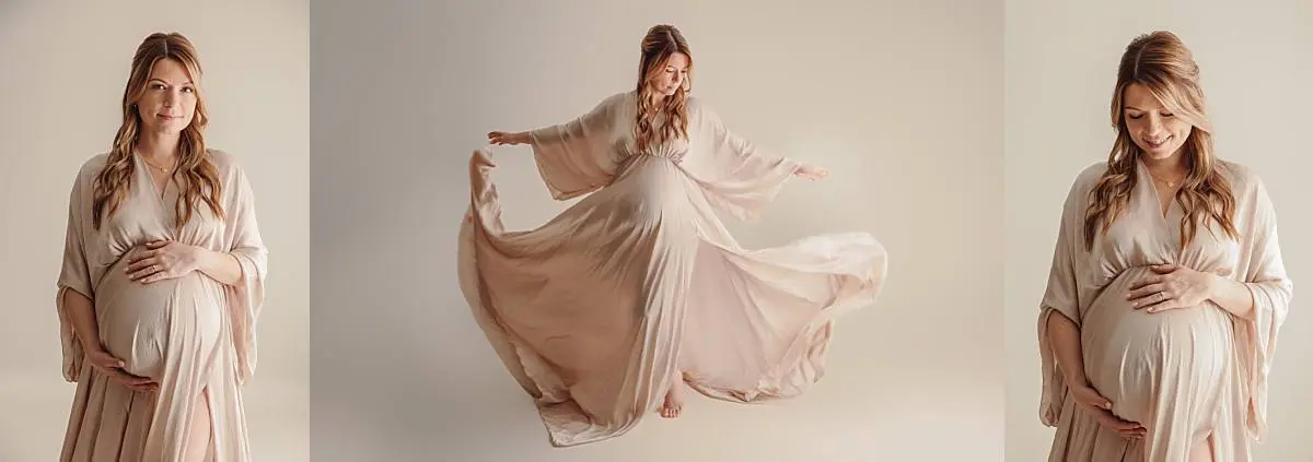 minimalistic elegant studio photoshoot with pregnant woman in flowy dress