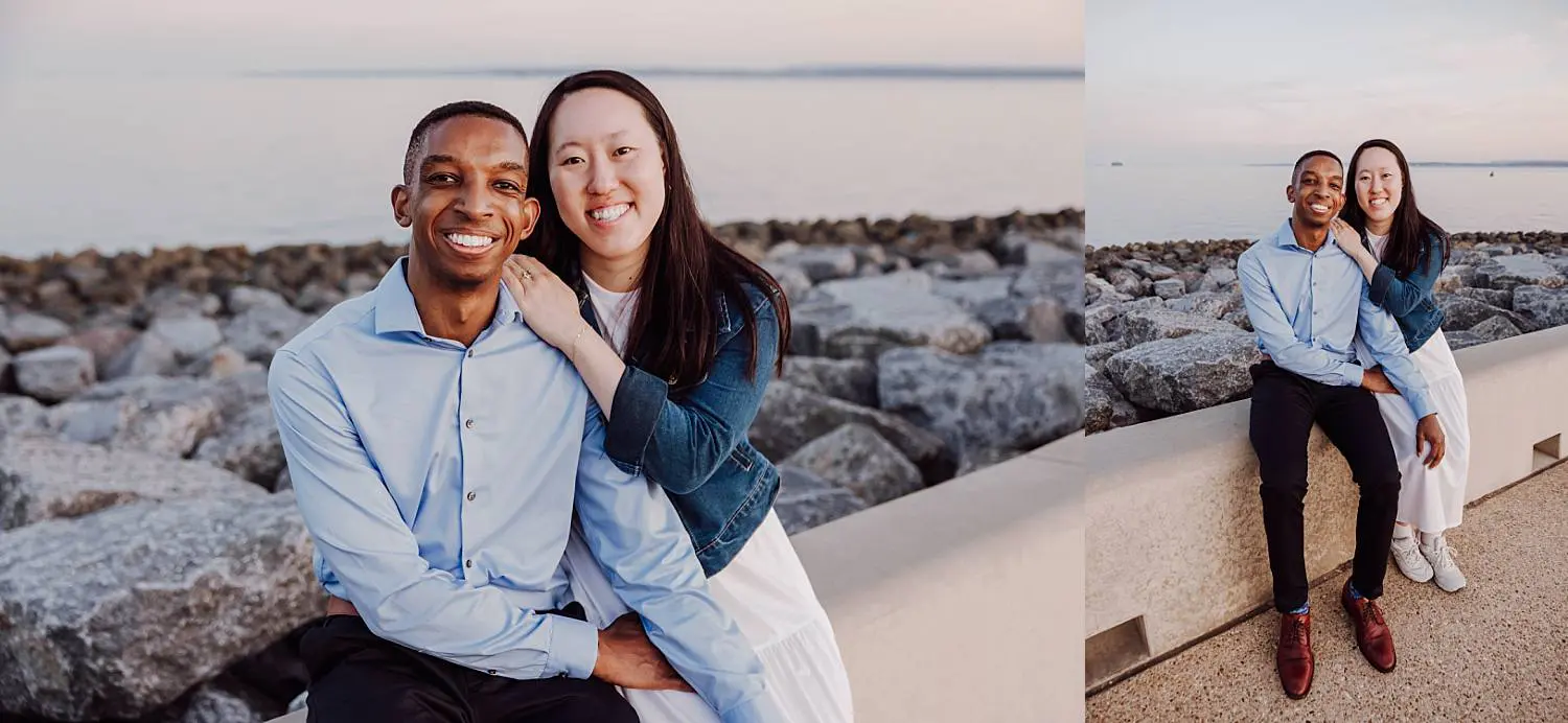 Couple hugging after surprise engagement in Portsmouth