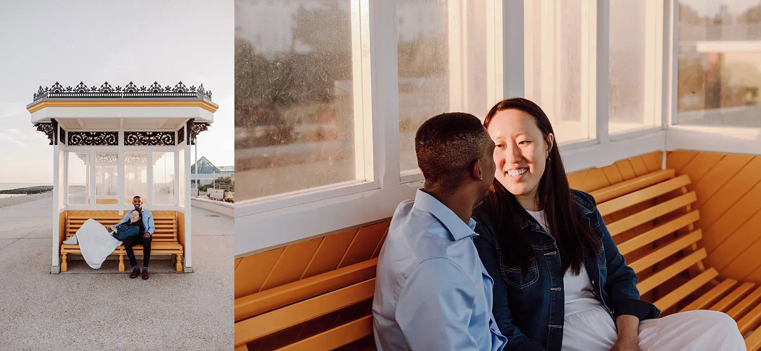 Sunset engagement photos near South Parade Pier, Southsea, yellow shelter