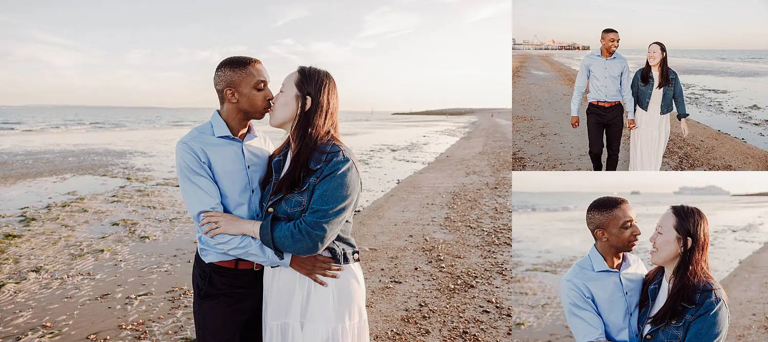 Walking hand in hand along Southsea promenade after proposal