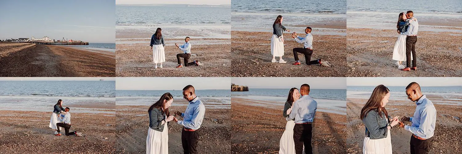 Southsea beach surprise proposal at sunset – Portsmouth engagement photography