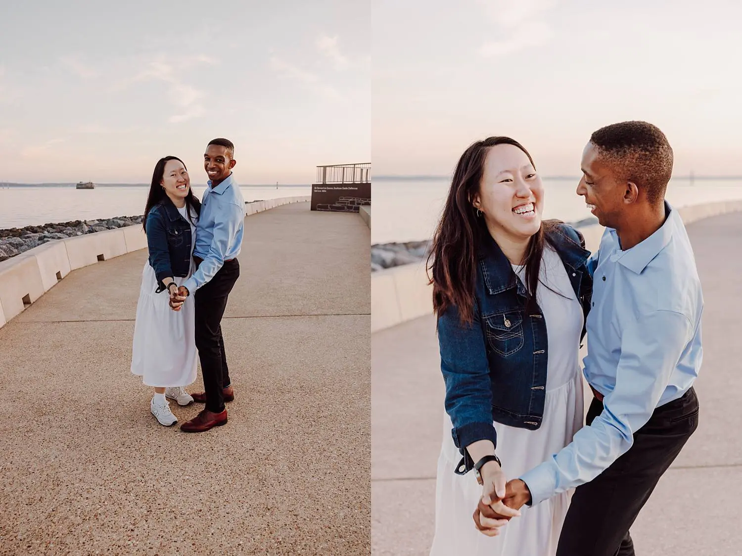 Couple hugging after surprise engagement in Portsmouth