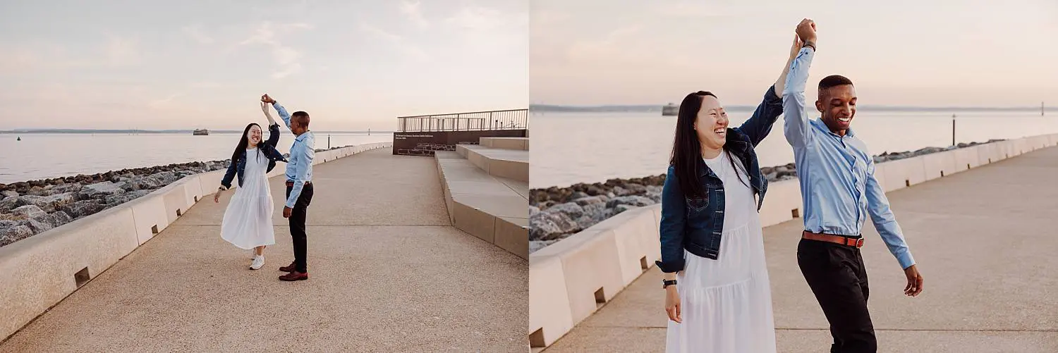 Walking hand in hand along Southsea promenade after proposal