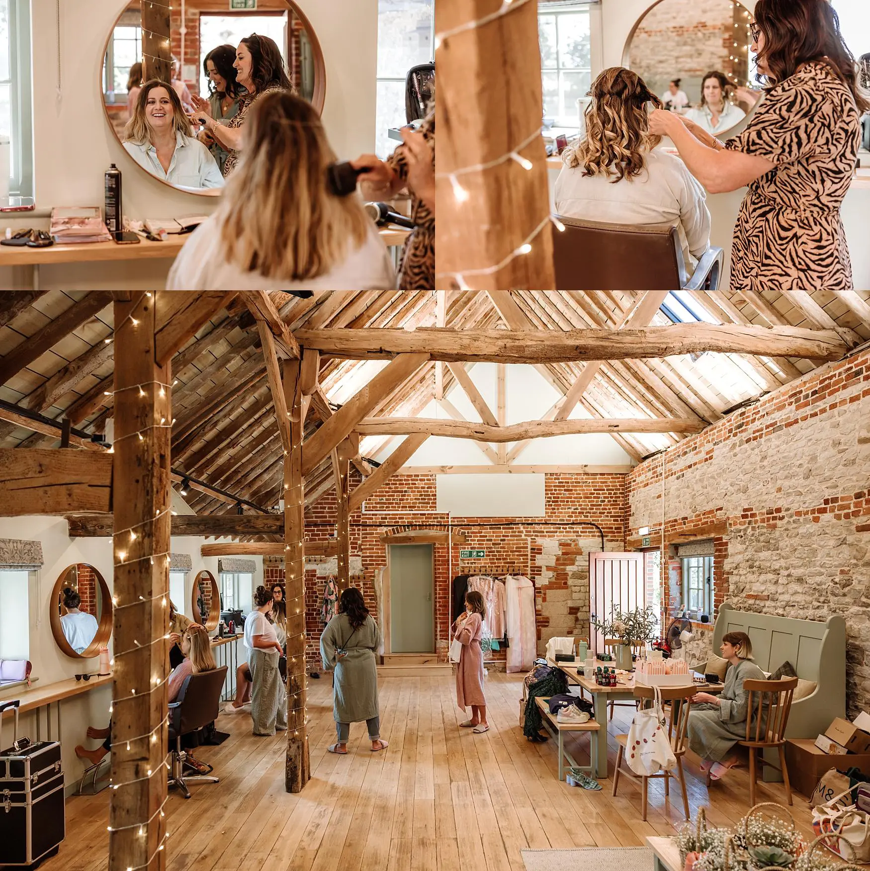 Wedding morning preparations at Tithe Barn Petersfield, showing bridesmaids having hair styled inside the rustic barn Milking Parlour with exposed beams during a relaxed spring wedding in Hampshire.