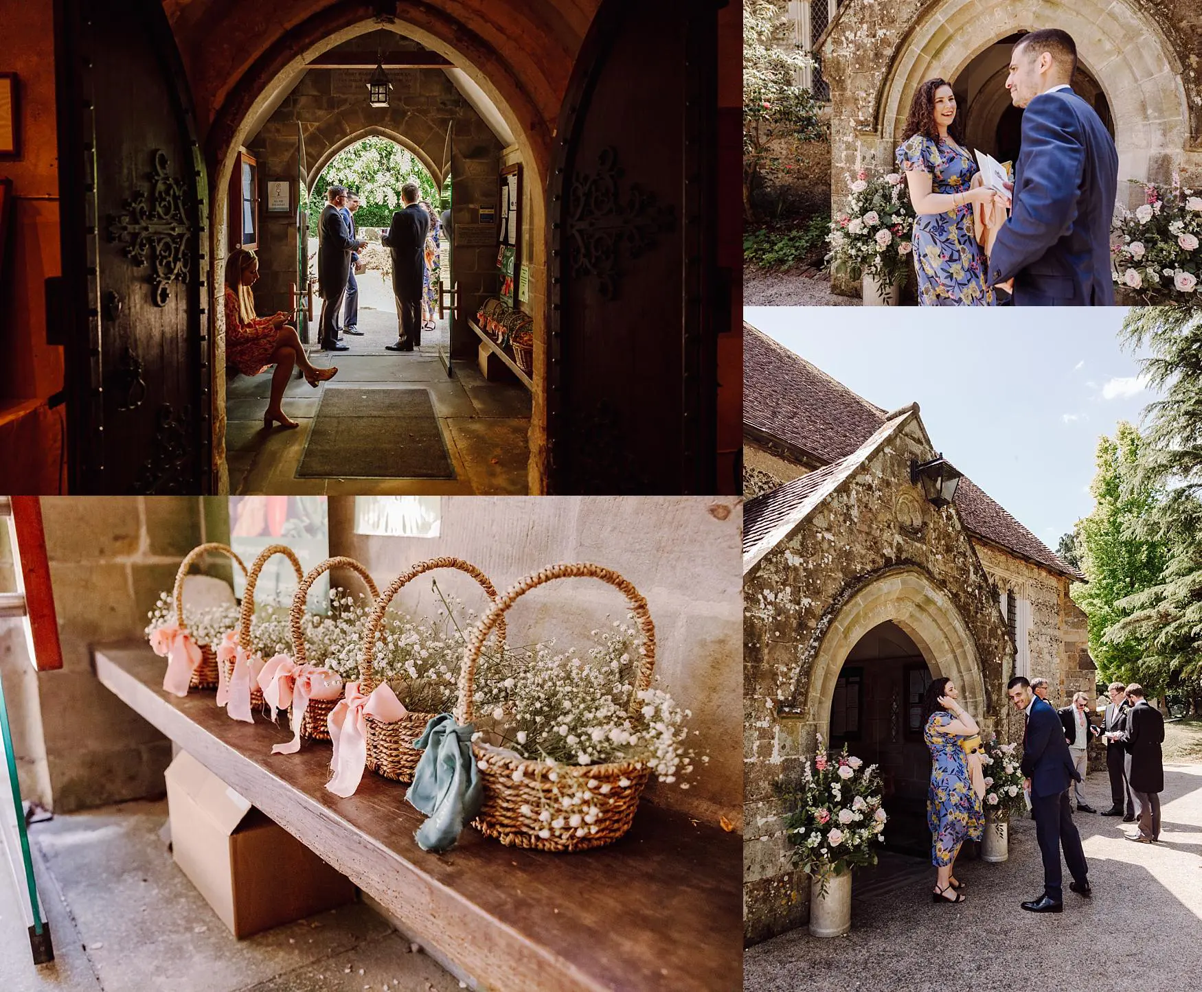 Spring wedding moments outside The Parish Church of Saint Mary and Saint Gabriel in Harting, featuring guests, floral baskets and relaxed pre-ceremony scenes near Tithe Barn Petersfield.