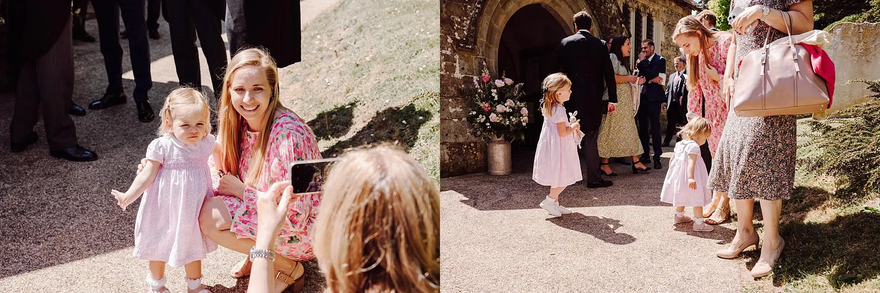 Families and children gathered outside The Parish Church of Saint Mary and Saint Gabriel in Harting, capturing relaxed moments during a spring wedding.