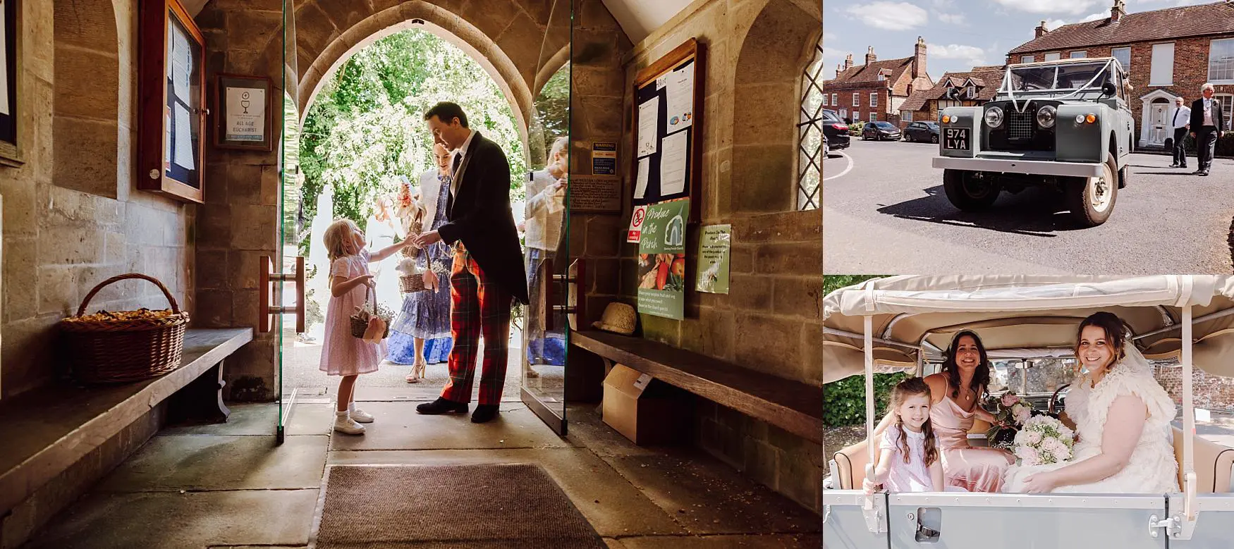 Spring wedding exit at The Parish Church of Saint Mary and Saint Gabriel in Harting, with the bride and guests and a classic Land Rover transport, photographed by a Chichester wedding photographer.