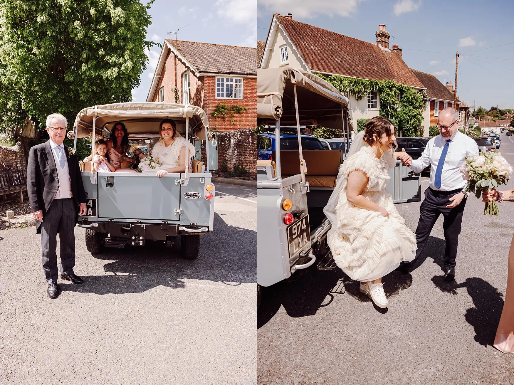 Bride arriving by classic Land Rover after a church wedding in Harting village near Petersfield, photographed by a Chichester wedding photographer on a bright spring day.
