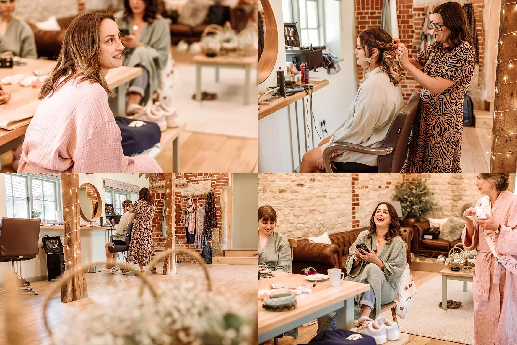Bridesmaids relaxing and having hair styled during wedding morning preparations inside Tithe Barn Petersfield, a rustic Hampshire barn venue with exposed brick and warm natural light.