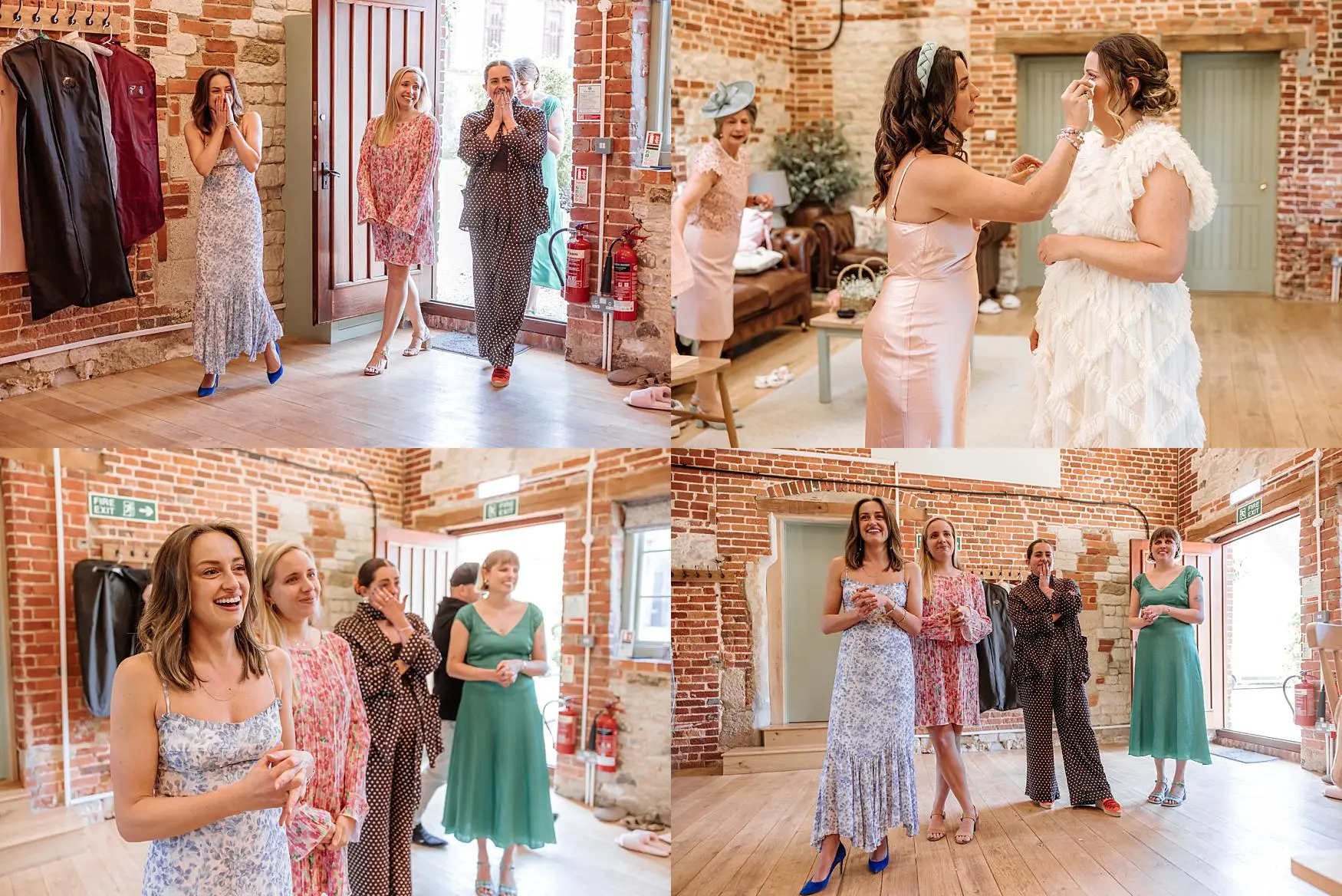 Emotional moments as wedding guests see the bride for the first time during a relaxed spring wedding at Tithe Barn Petersfield in Hampshire.