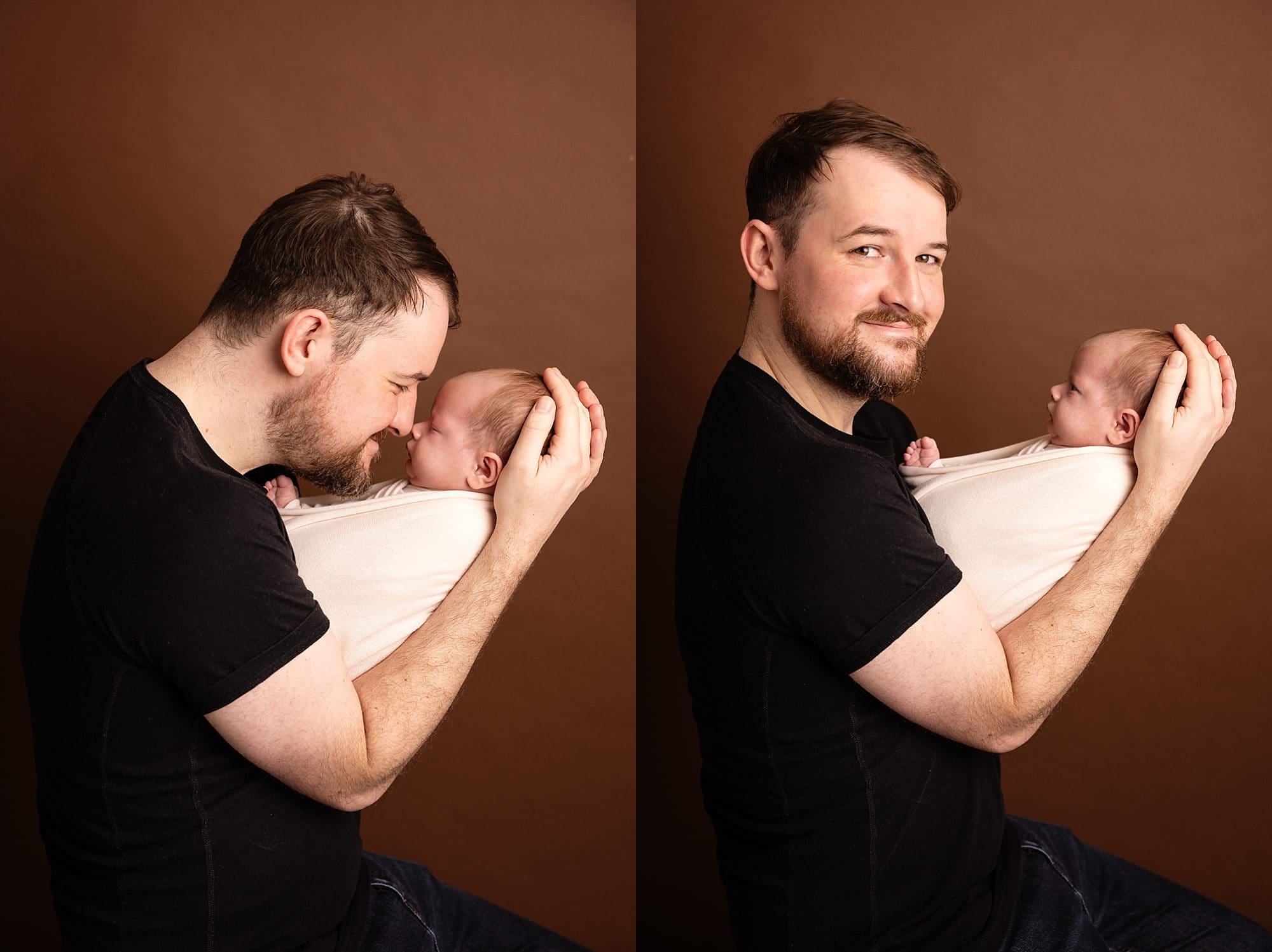 dad and newborn baby posing during professional newborn photoshoot in Denmead Ania Photo professional photographer
