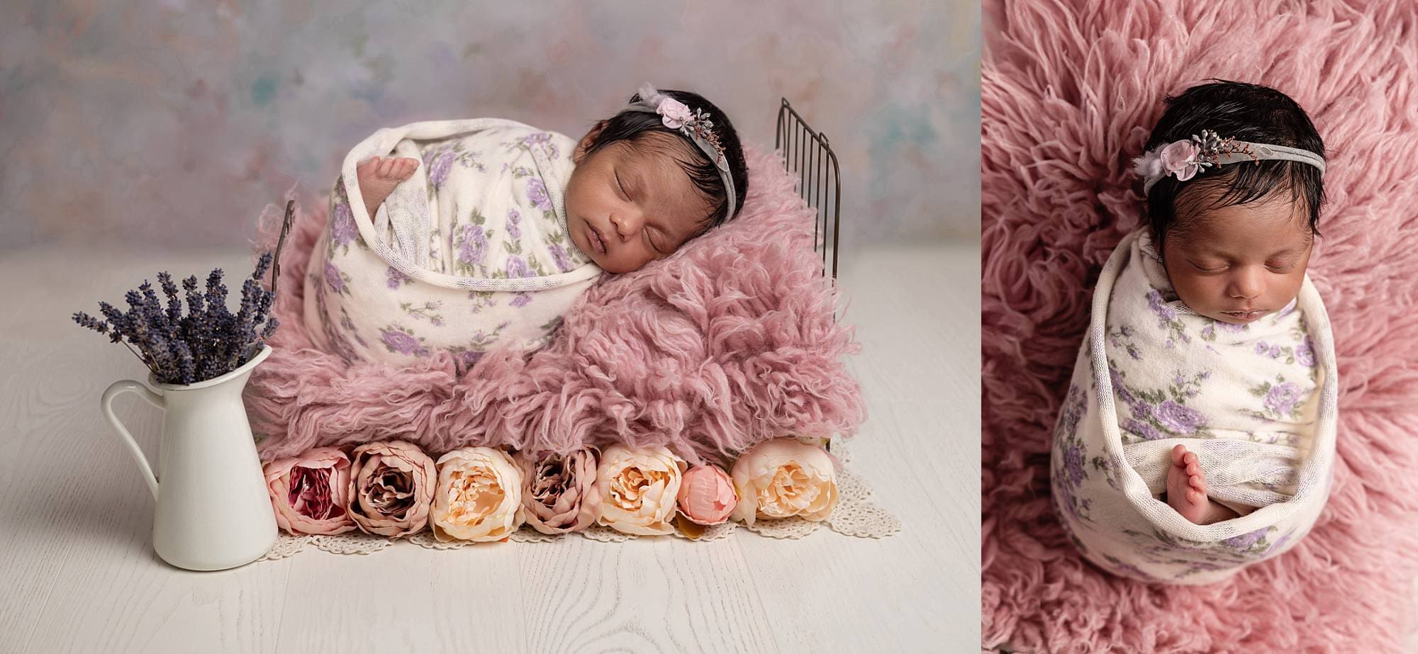 Newborn baby in a peaceful pose on cute bedcaptured by photographer in Emsworth, Hampshire