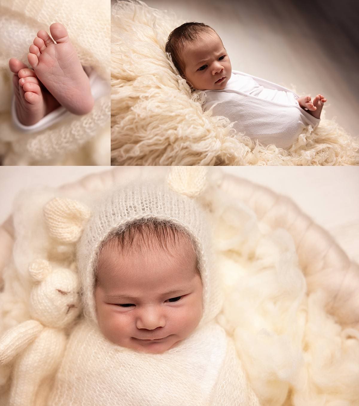 baby in cream fluffy setup with bear ears and teddy, baby's feet, cute, Ania Photo , Newborn photographer Chichester West Sussex photo session