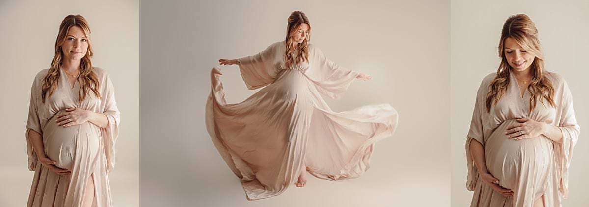 minimalistic elegant studio photoshoot with pregnant woman in flowy dress