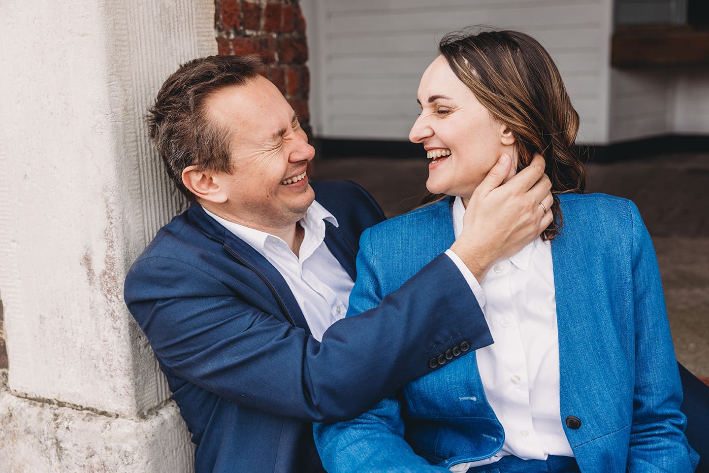 Portsmouth register office wedding photography couple on bicycle bride in blue linen suit