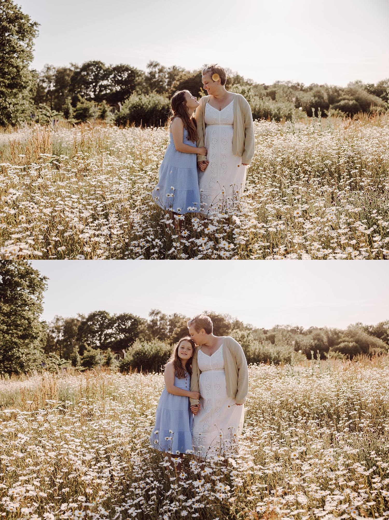 Candid moment of mum hugging daughter in Hampshire meadow