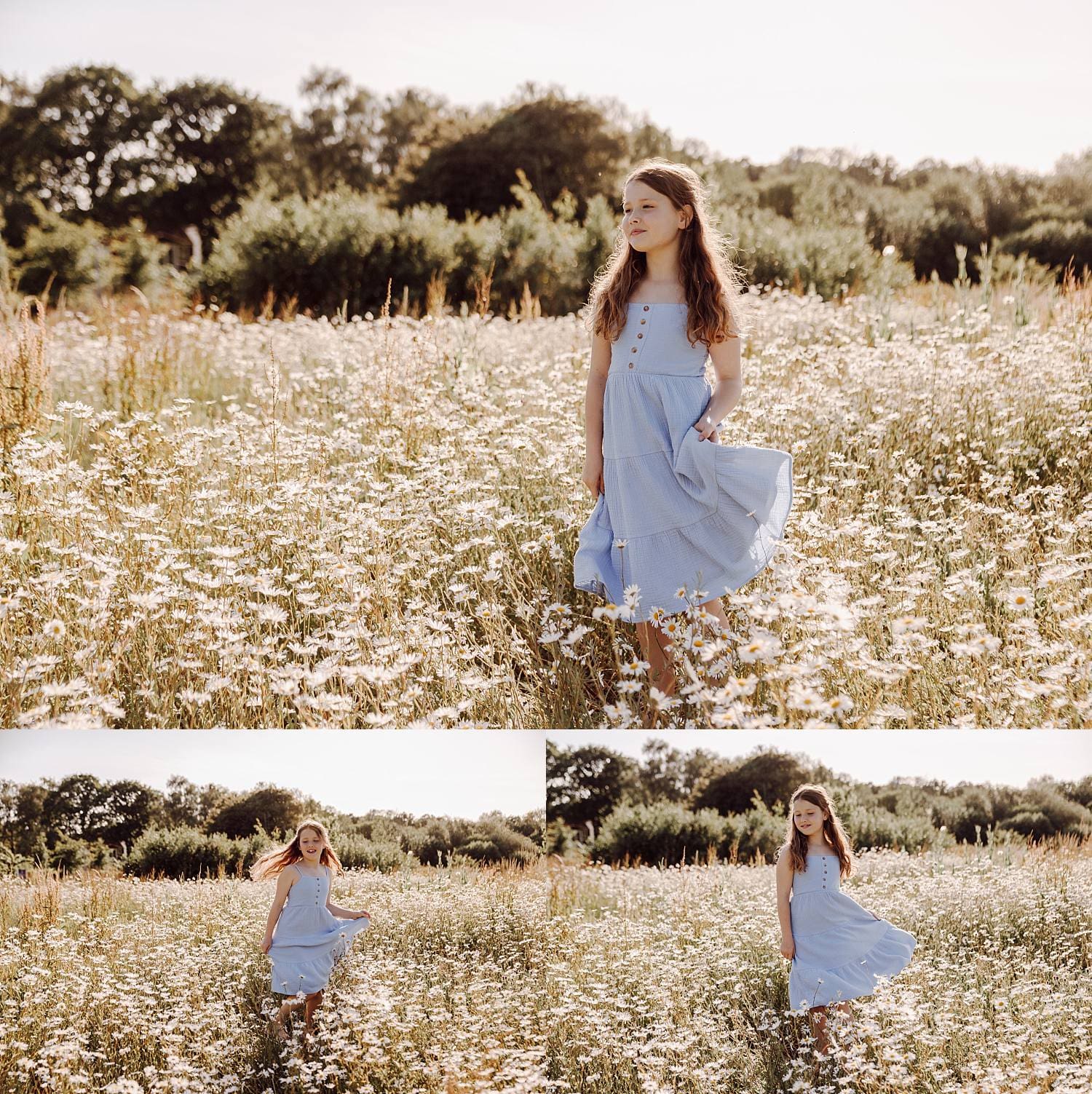 Little girl twirling in sunlight during outdoor family photoshoot