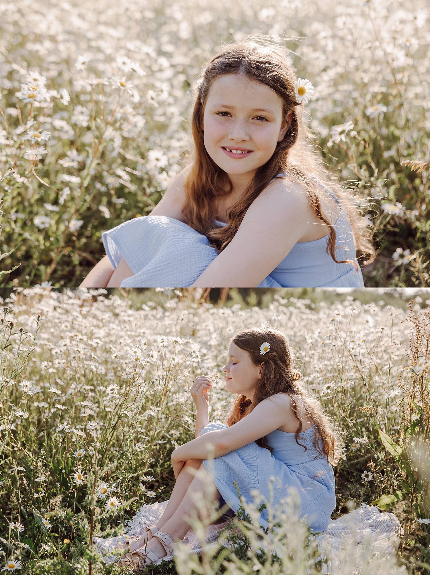 Natural family portrait in daisy field with soft summer light