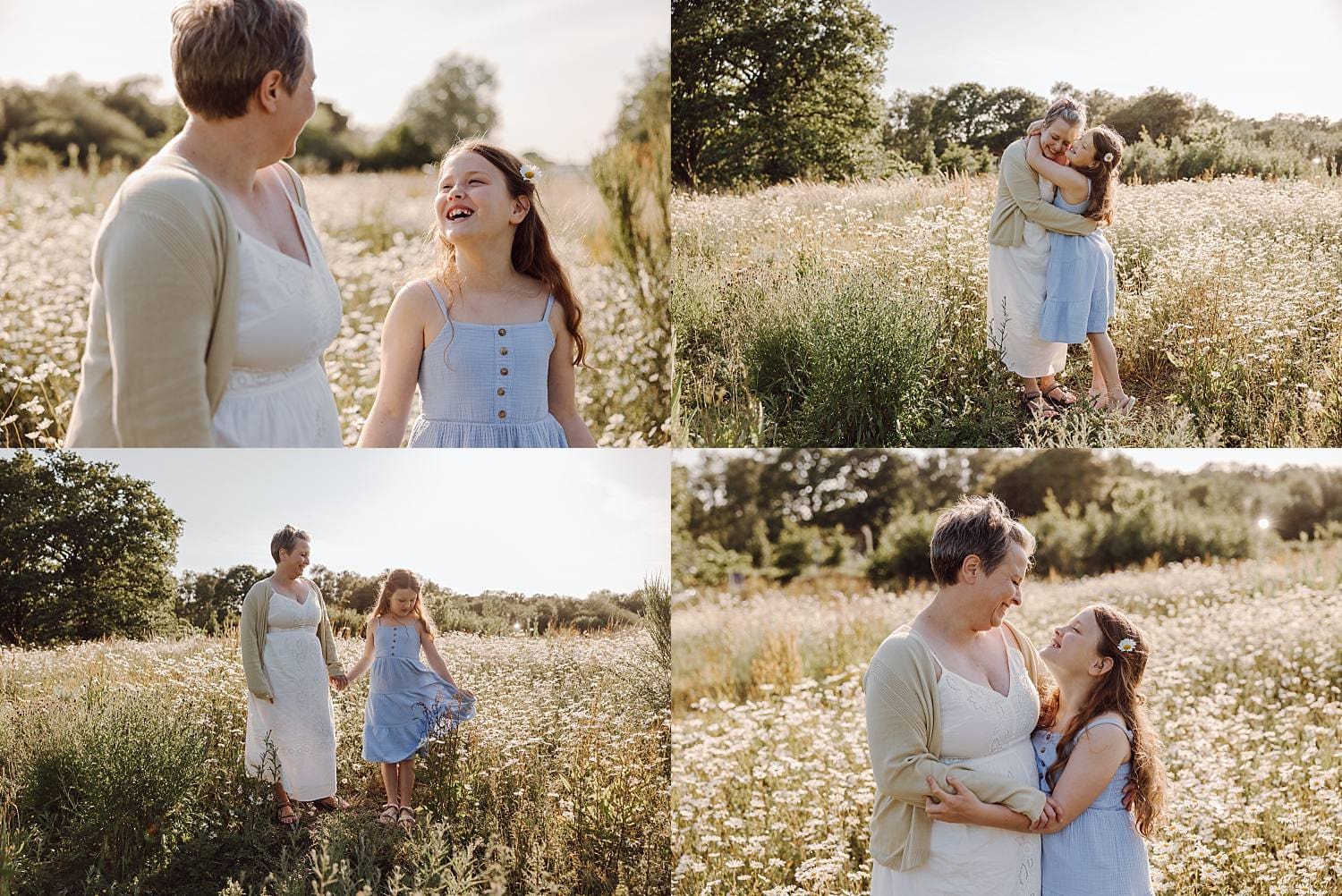 Mother holding daughter close in golden hour light in Hampshire meadow