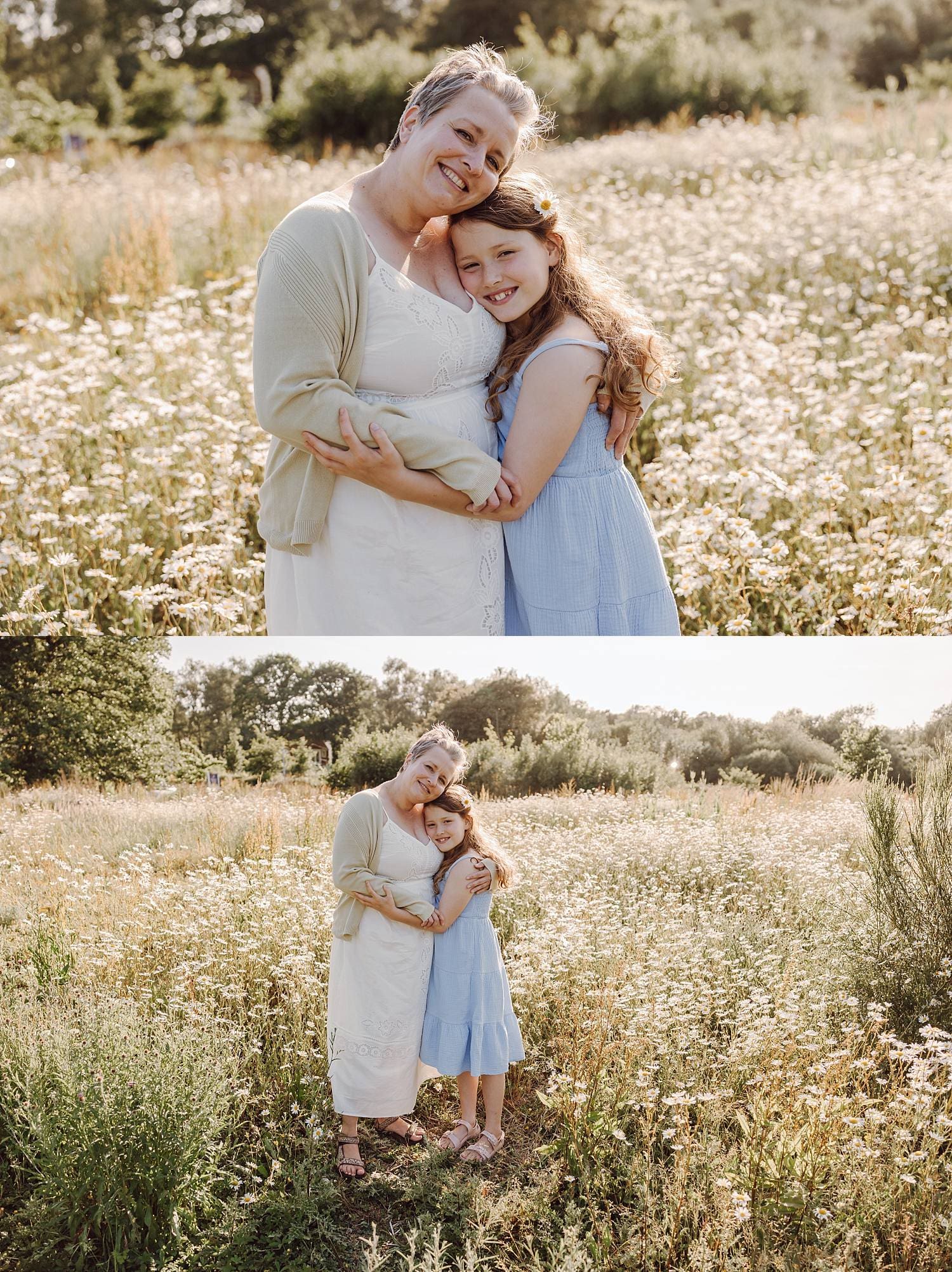 Mother holding daughter close in golden hour light in Hampshire meadow