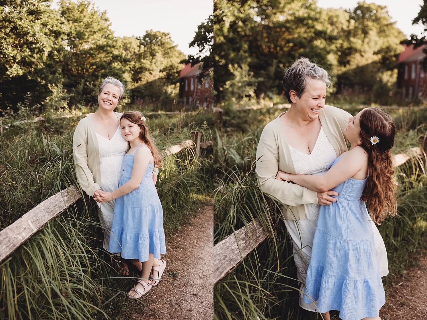 Mother holding daughter close in golden hour light in Hampshire meadow