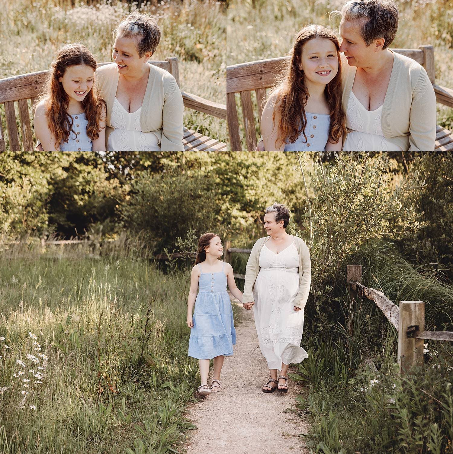Mother holding daughter close in golden hour light in Hampshire meadow