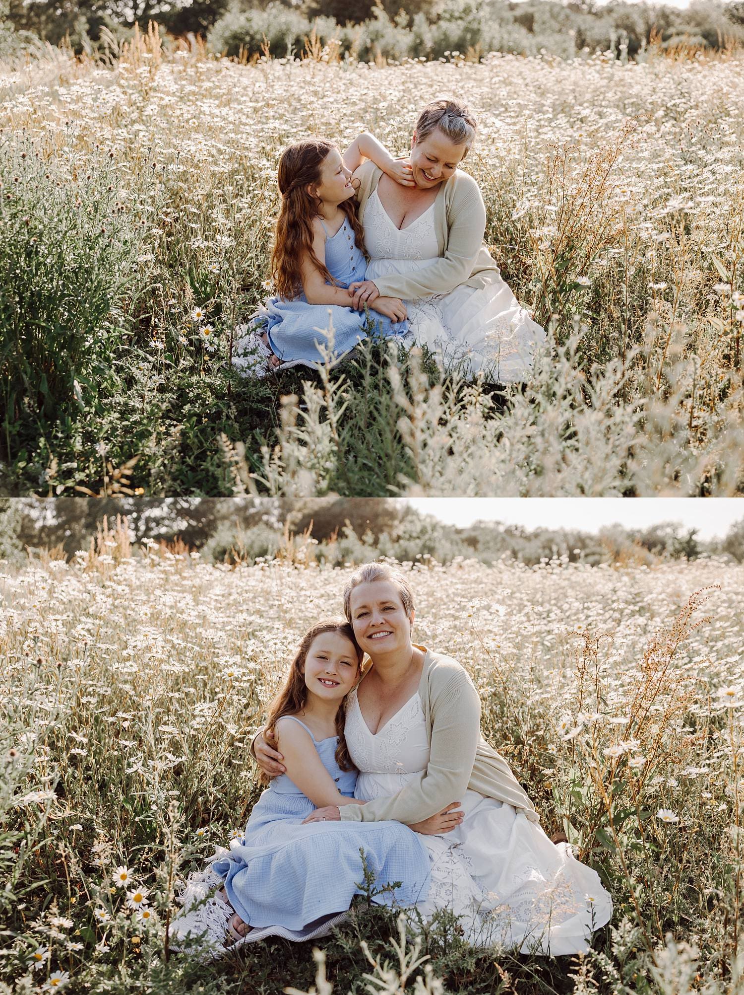 Candid moment of mum hugging daughter in Hampshire meadow
