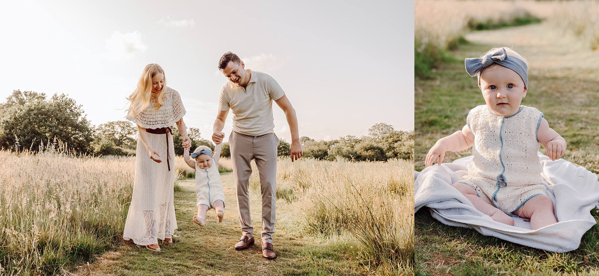 Parents standing together holding baby in golden light