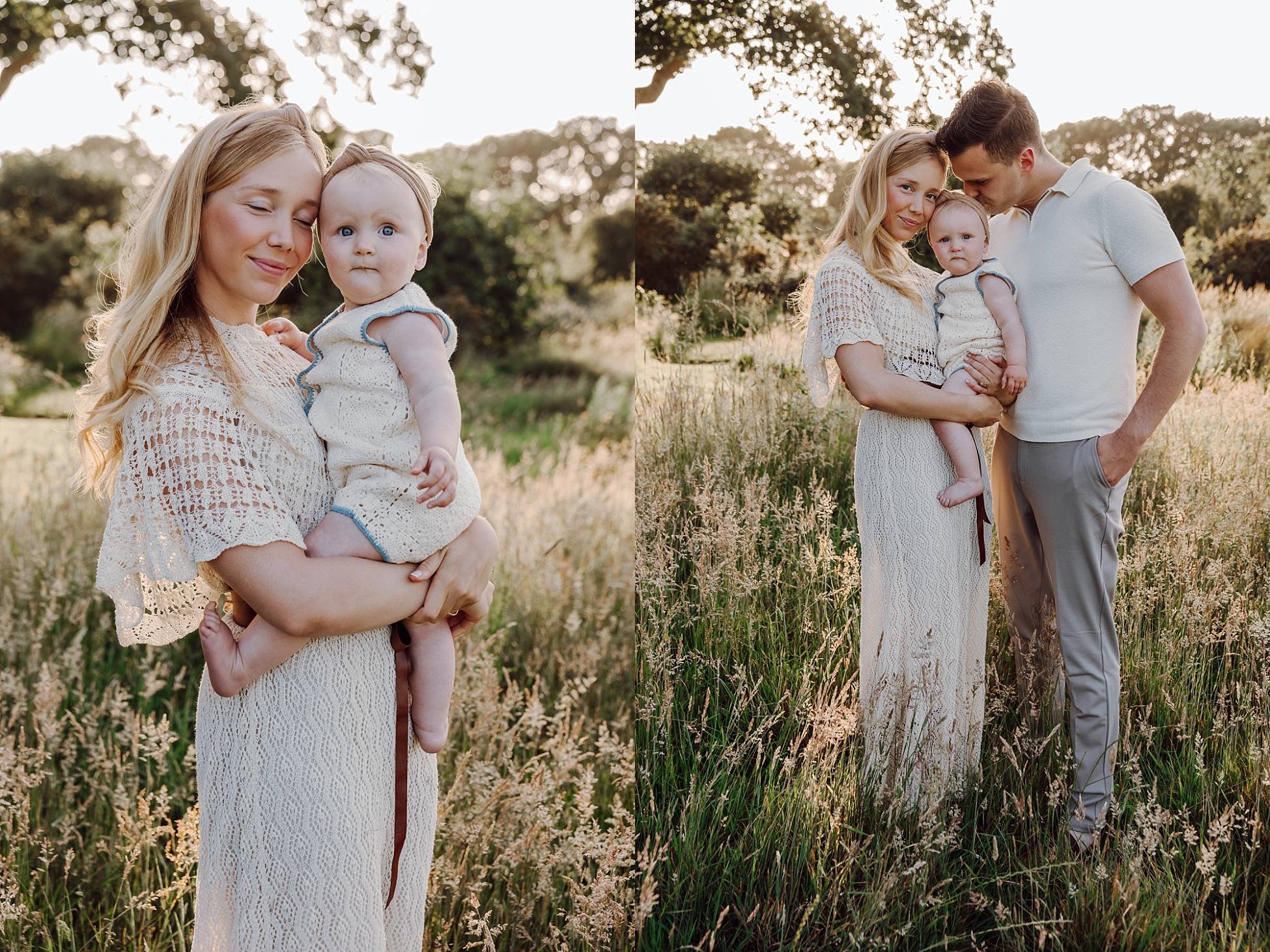 Parents and baby cuddling outdoors in Hampshire meadow