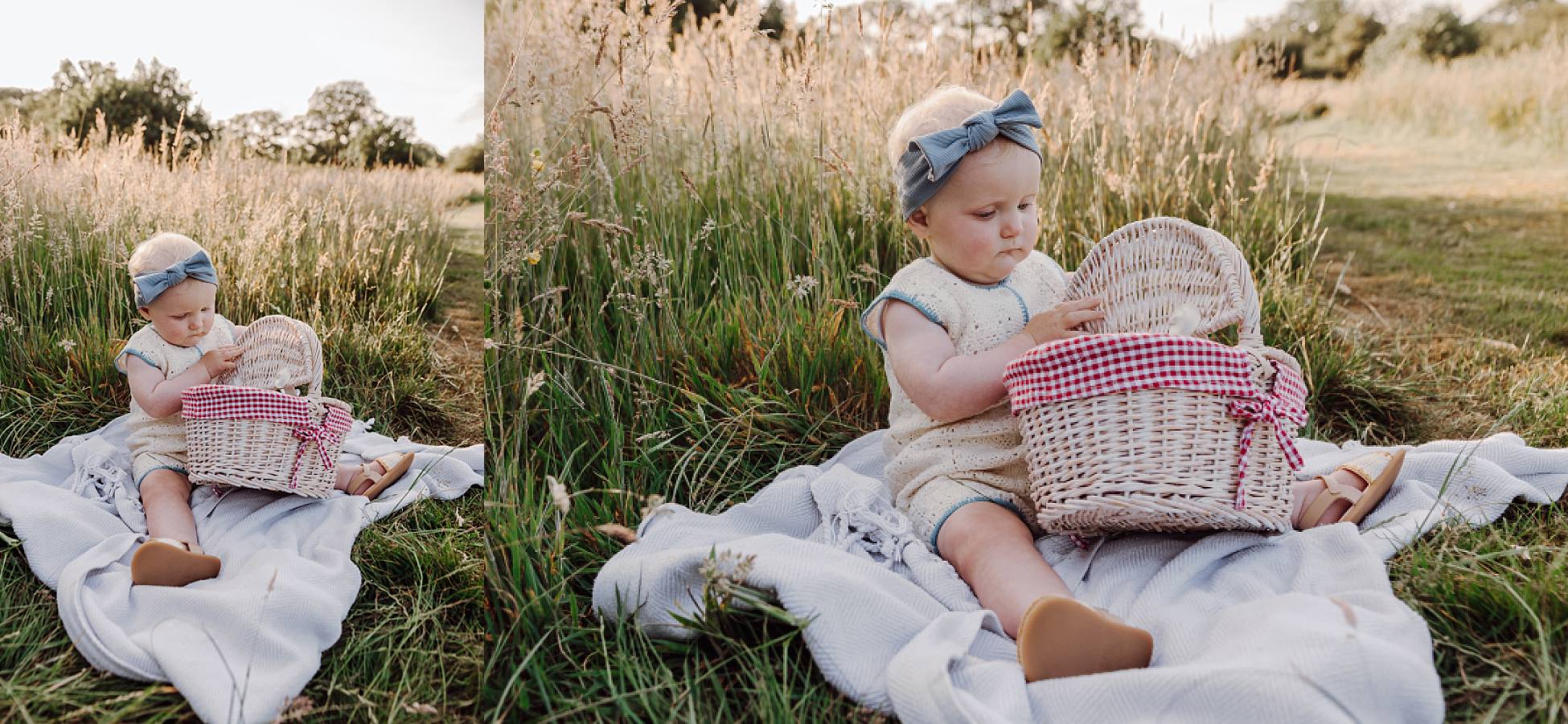 Baby looking into basket during outdoor family photoshoot