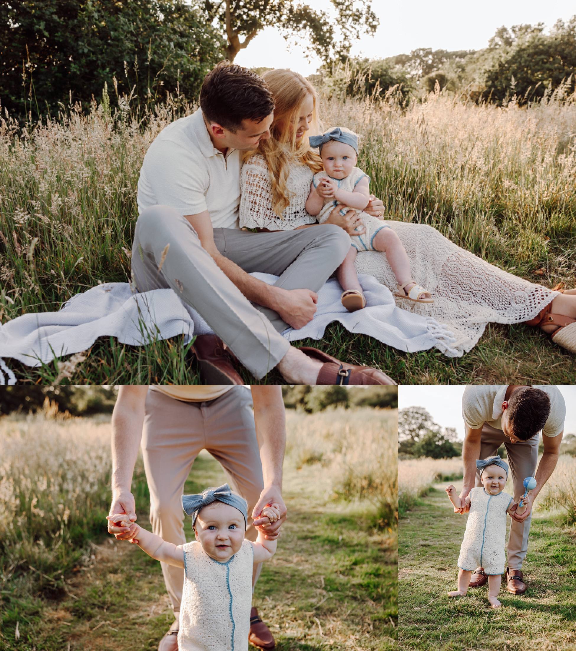 Baby smiling in tall grass during family photography session