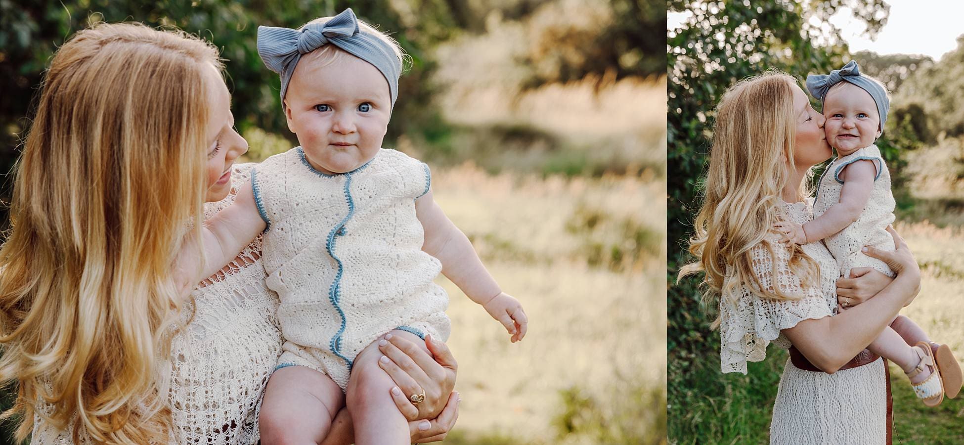 Mum kissing toddler on the cheek in golden light