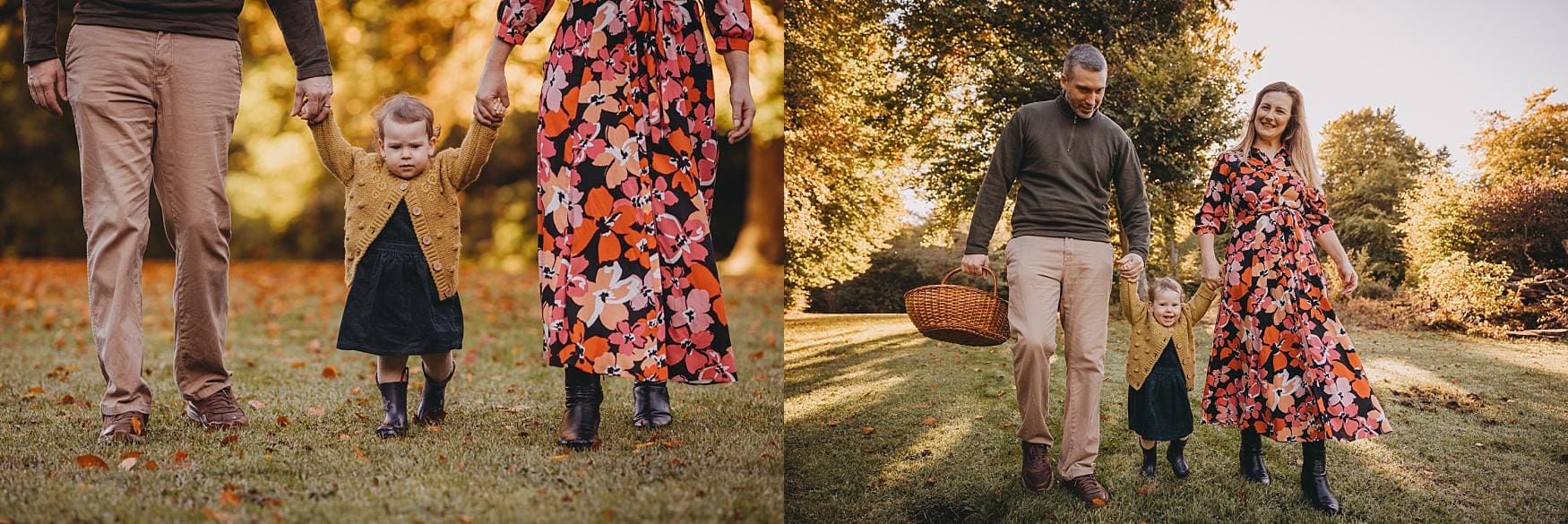 Parents and daughter smiling together during autumn family photography at Queen Elizabeth Country Park