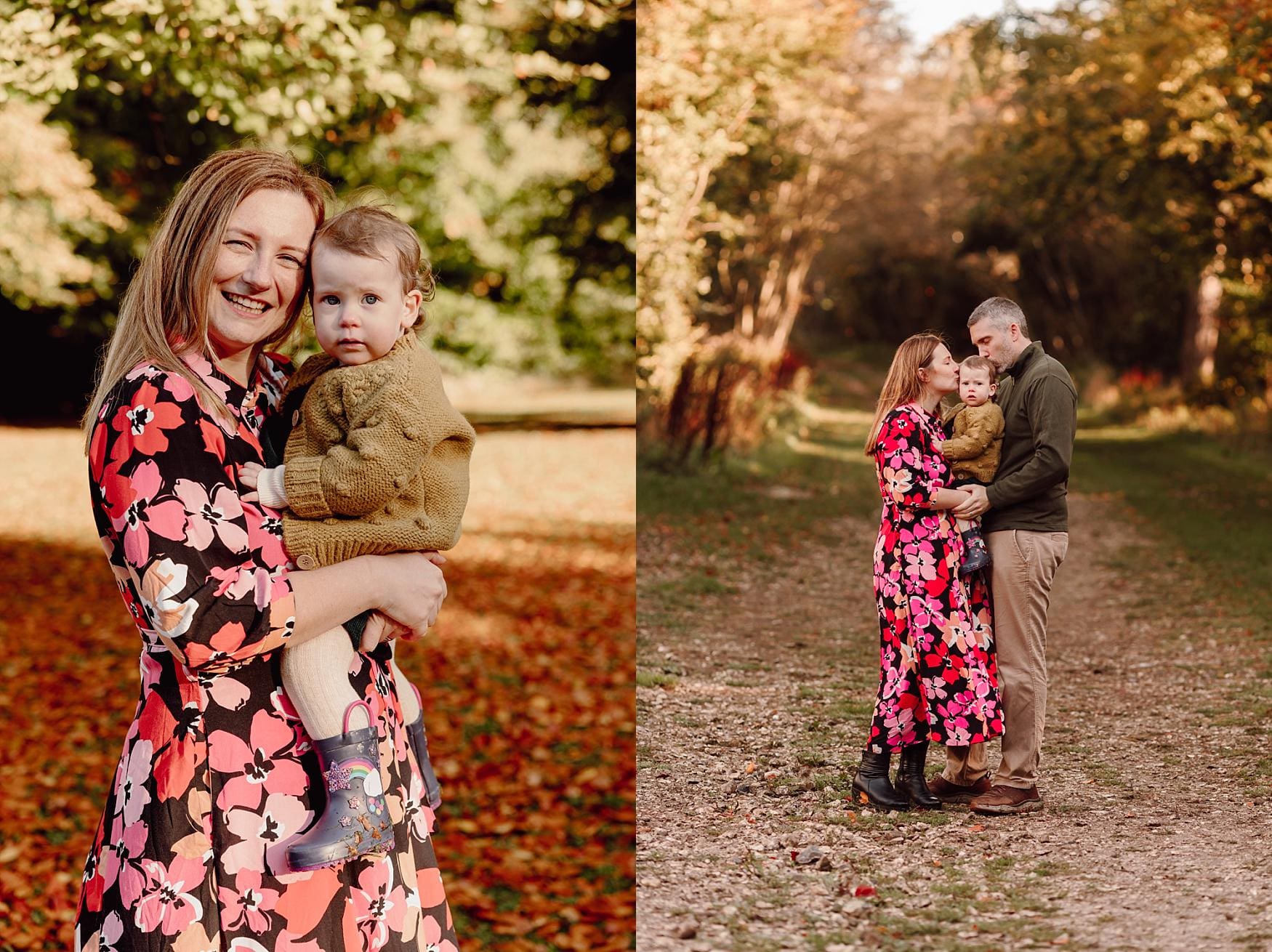 Outdoor autumn family portraits near Havant and Petersfield with golden leaves in the background