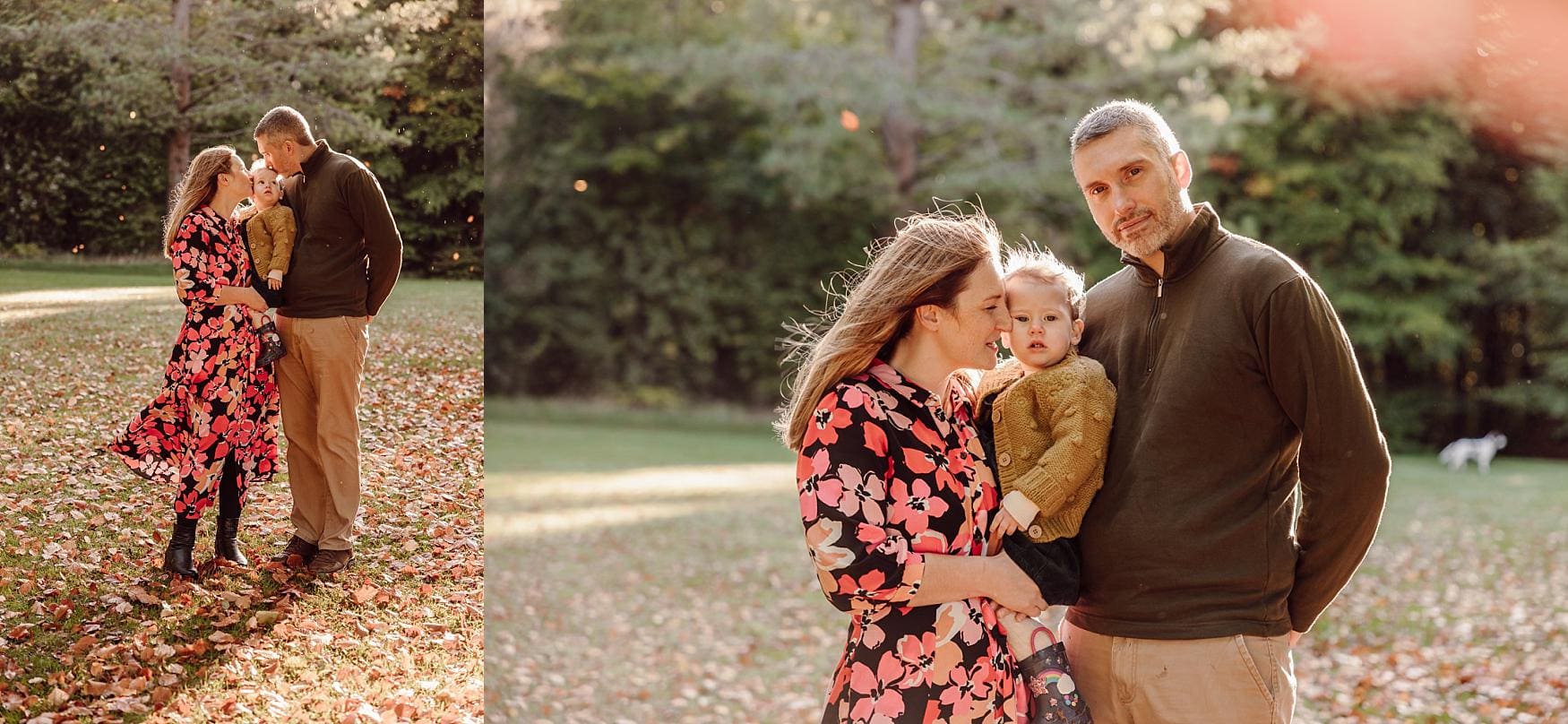 Parents and toddler enjoying autumn family photography at Queen Elizabeth Country Park, Hampshire