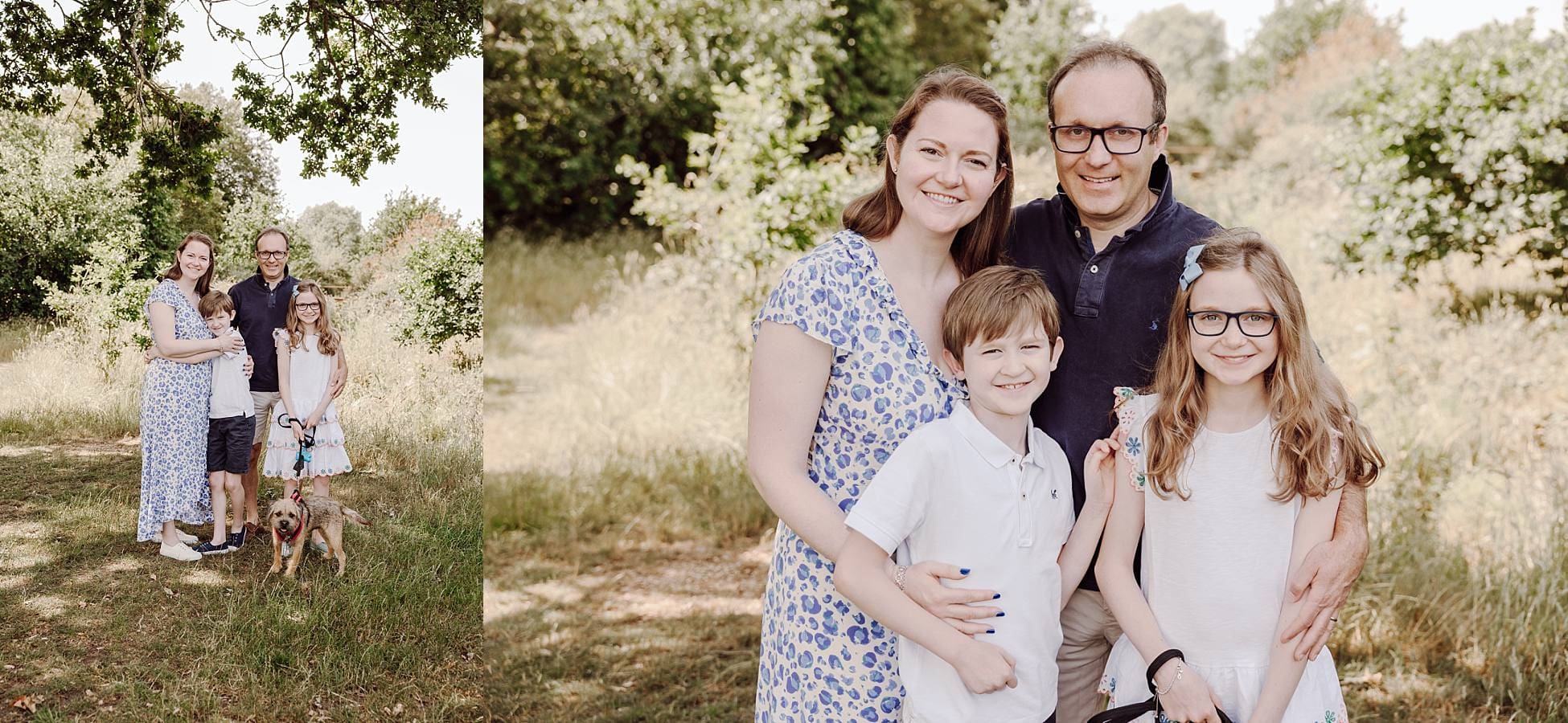Family group portrait with dog in Hampshire meadow