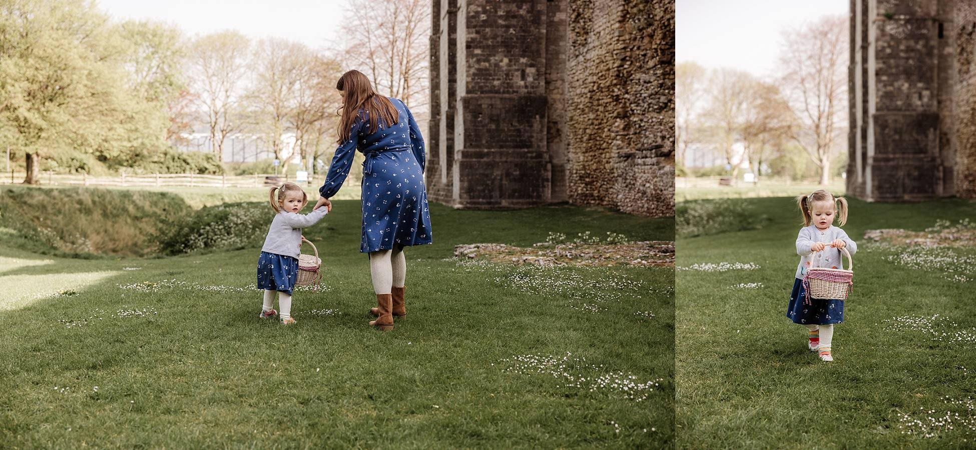 Family walking through greenery by Portchester Castle