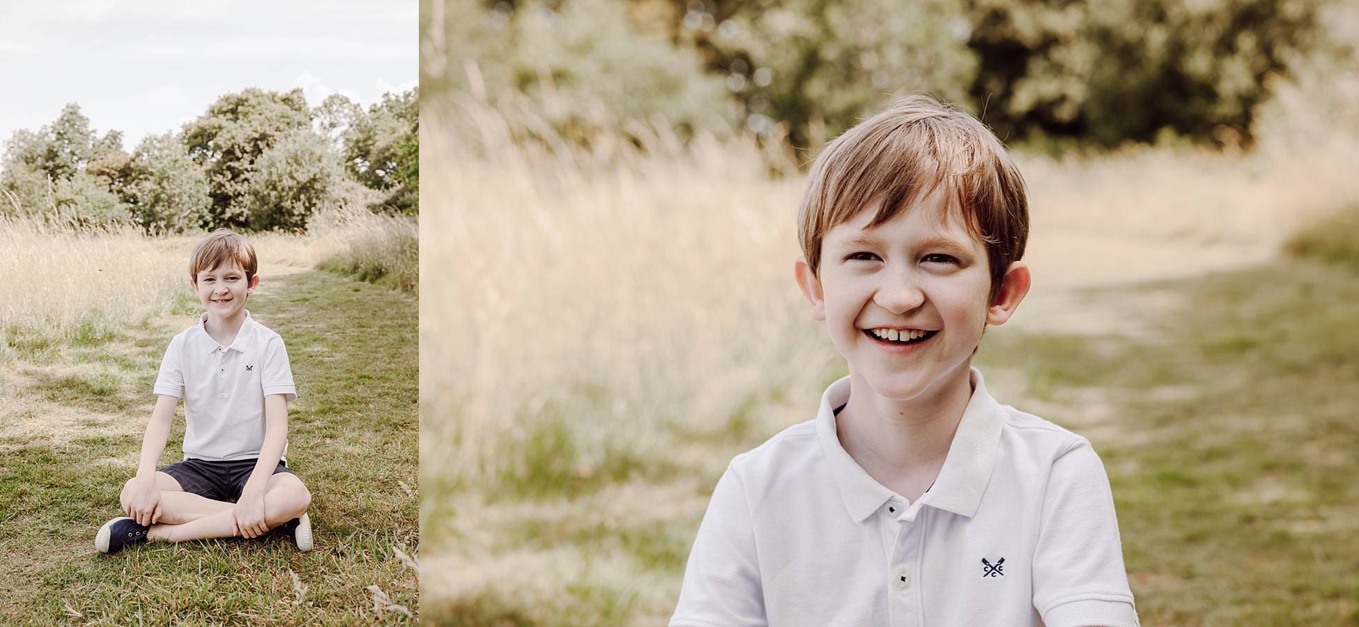 Young boy smiling during natural outdoor family photography in Hampshire