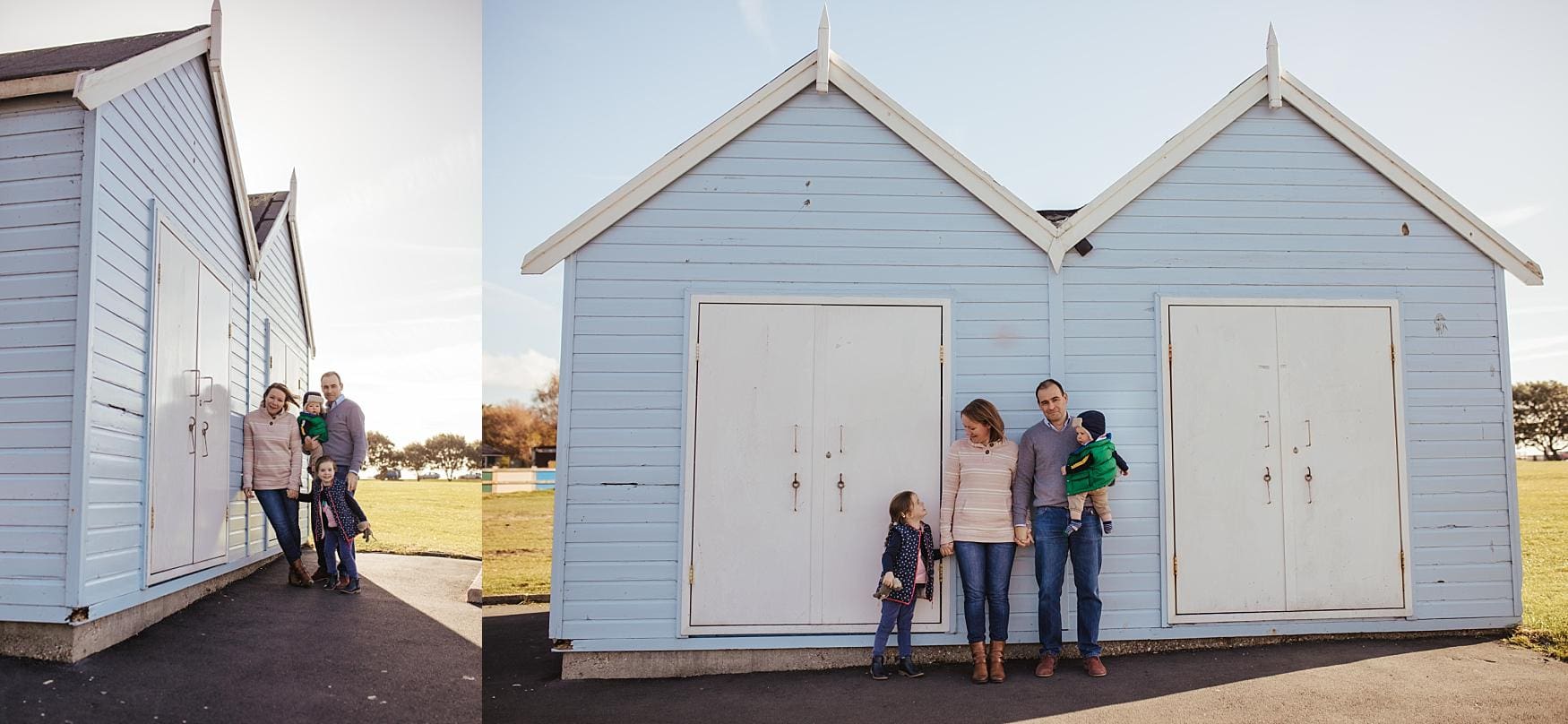 Family photoshoot in Southsea Portsmouth with parents and children posing by pastel blue beach huts