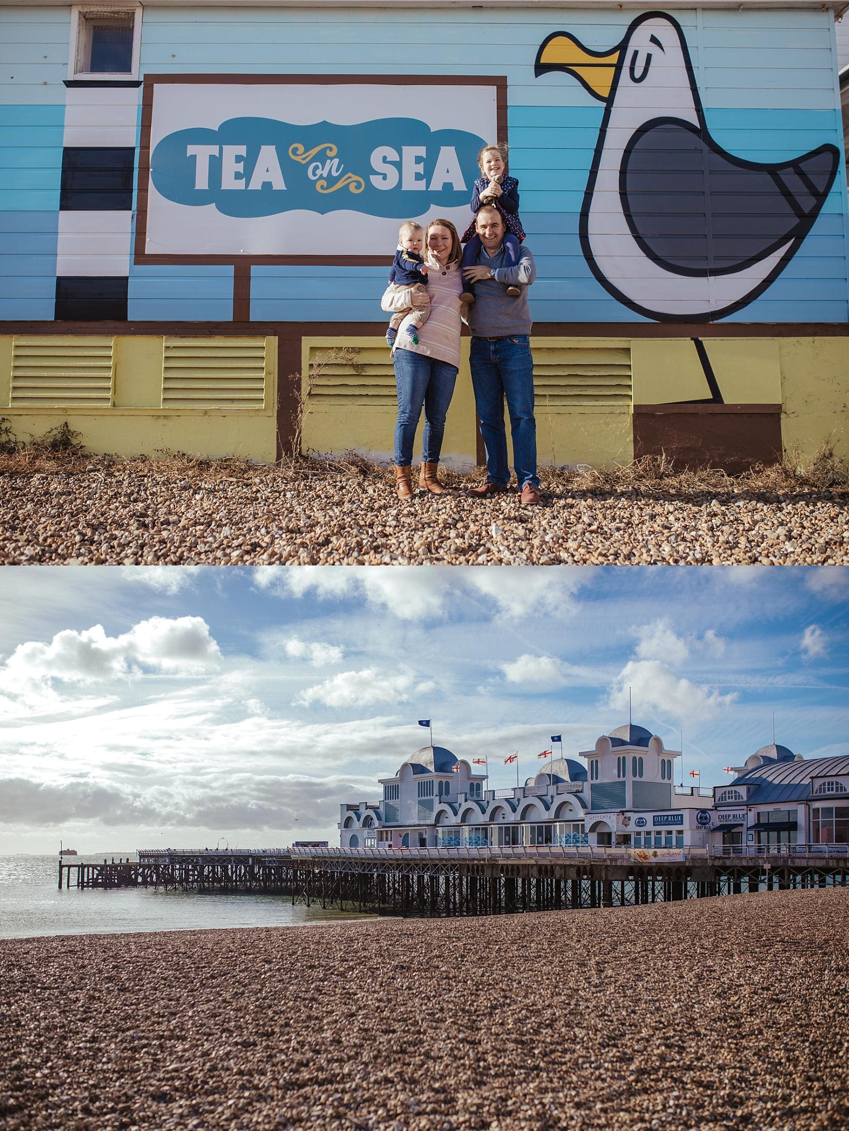 A family of four smiling and posing in front of the colourful “Tea on Sea” café mural in Southsea, Portsmouth, A wide view of South Parade Pier in Southsea, Portsmouth, captured on a sunny day with the pebble beach in the foreground