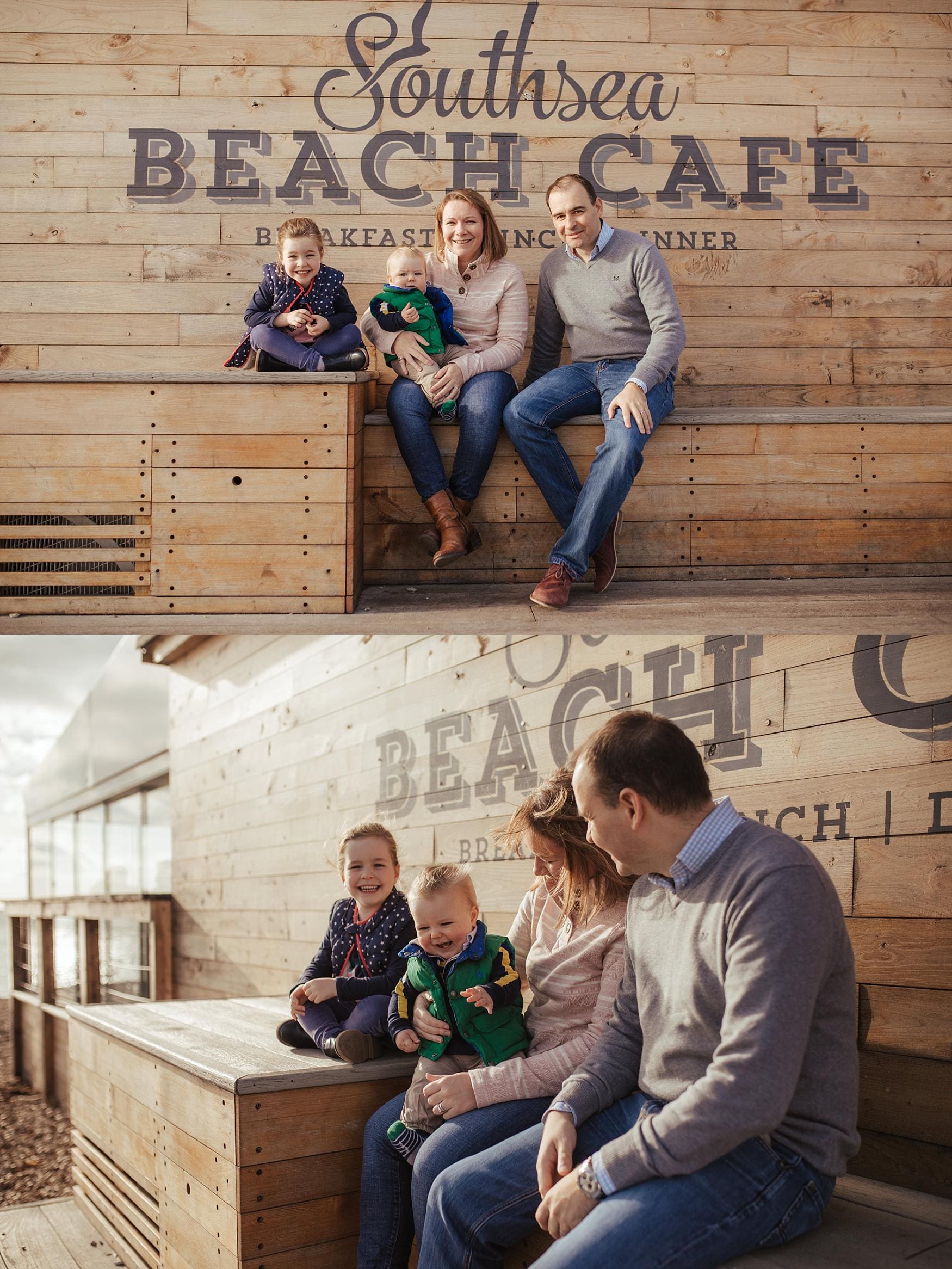 Happy family sitting together at Southsea Beach Café, parents and two children laughing during their seaside photography session.