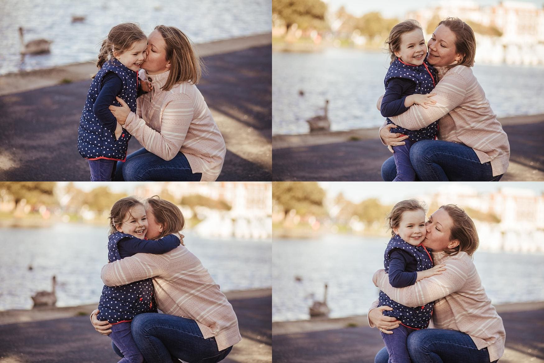 Mother hugging and kissing her daughter by Canoe Lake during a Southsea family photoshoot