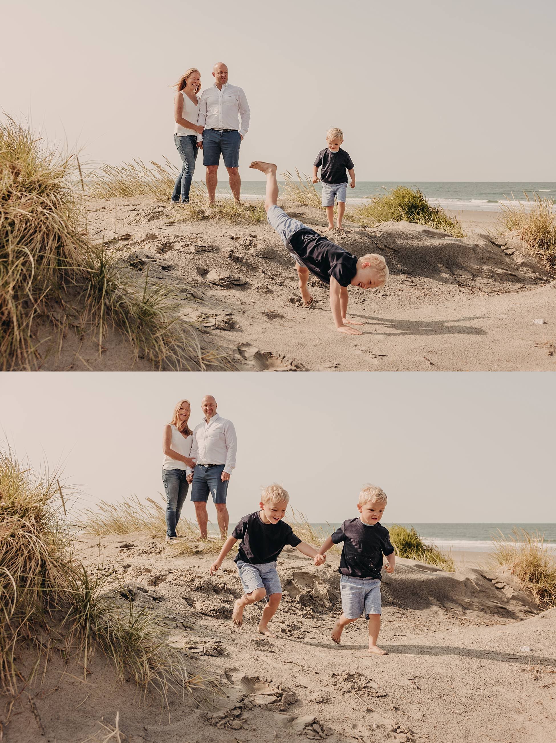 Family running across the sandy beach during their West Wittering summer photography session