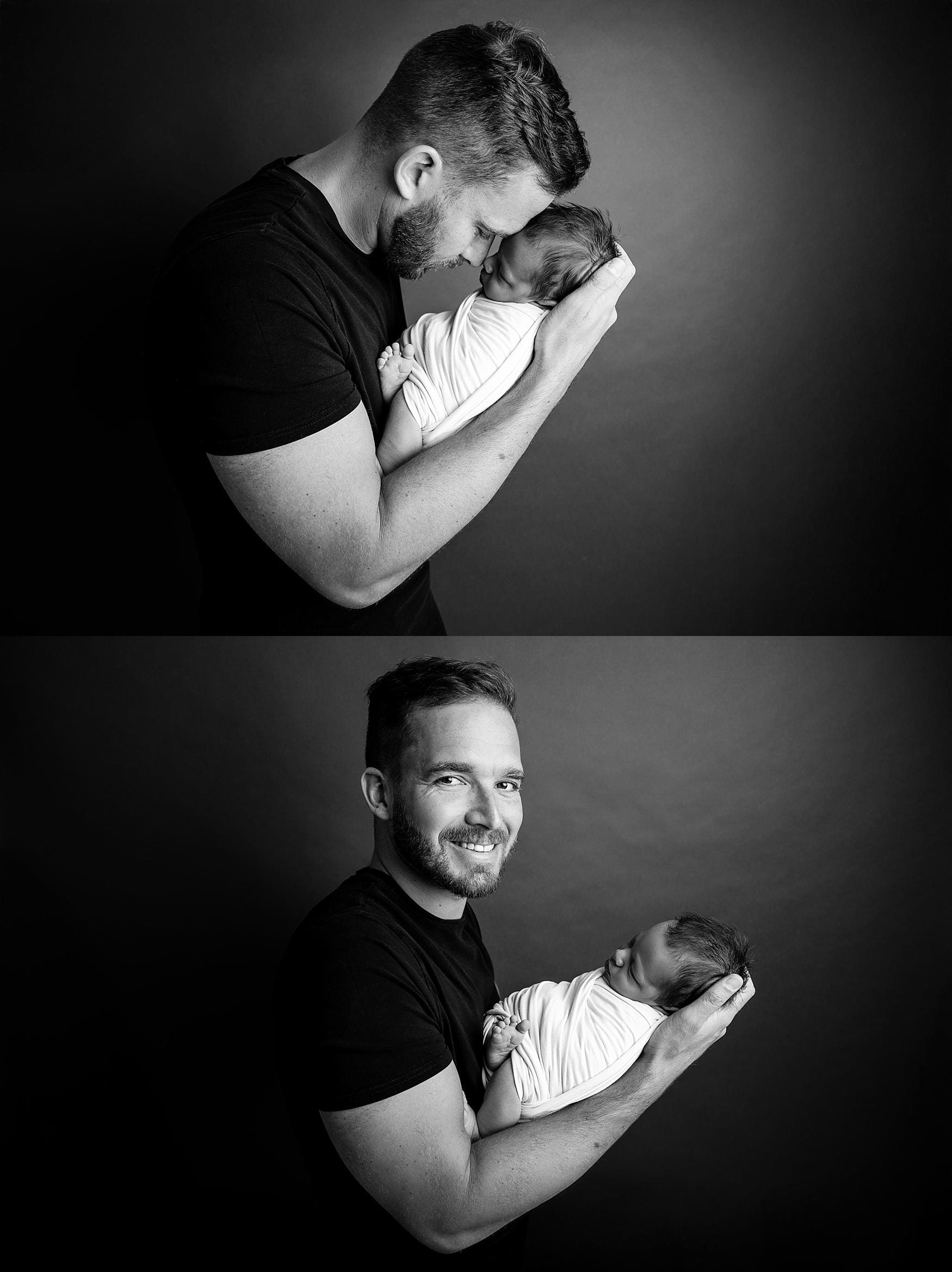 Black and white portrait of a father cradling his newborn baby close