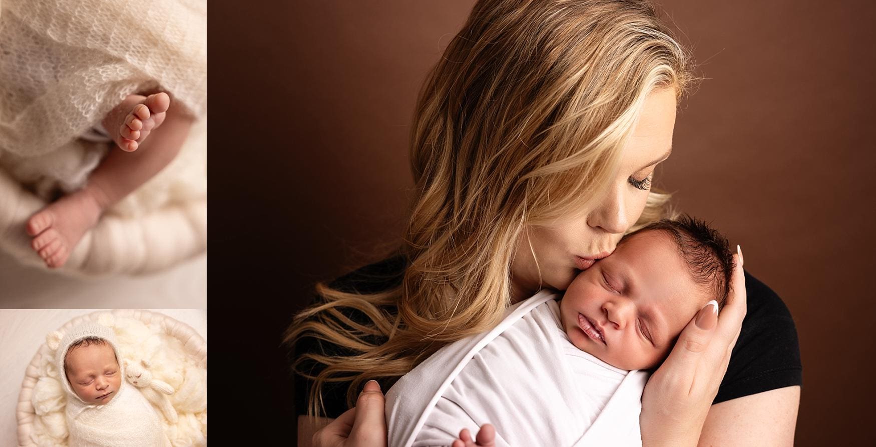 Tender moment of a mother holding and kissing her newborn baby in the studio