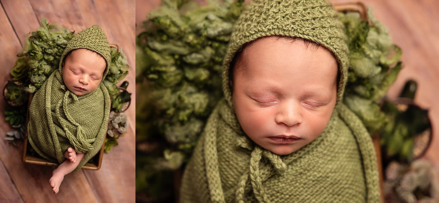 Newborn baby swaddled in a green knitted wrap, peacefully sleeping in a rustic basket