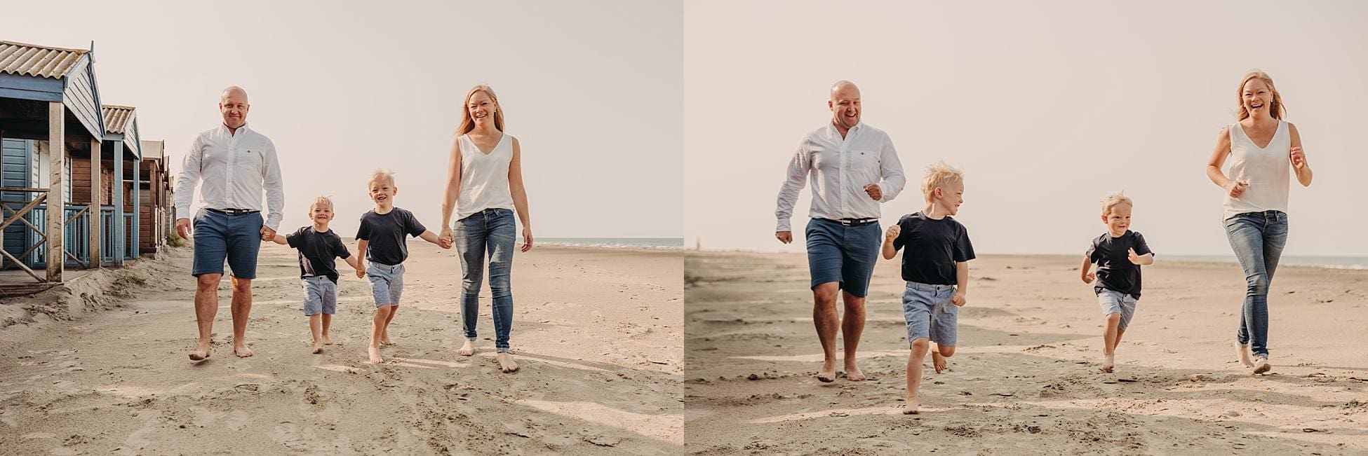 Family running across the sandy beach during their West Wittering summer photography session